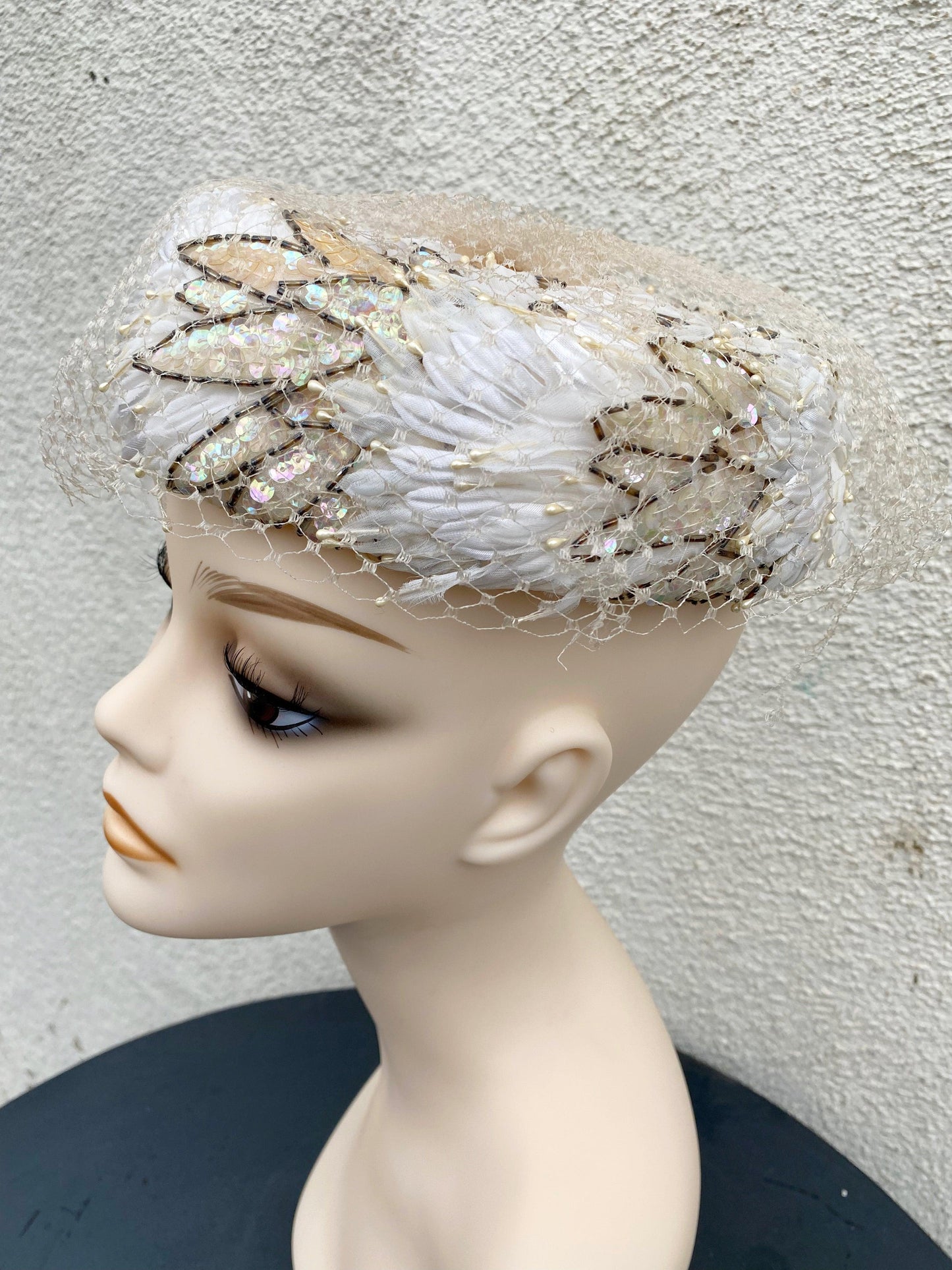 1960's Daisy Sequin Beaded Cream Pillbox Hat With Netting - A Walk Thru Time Vintage