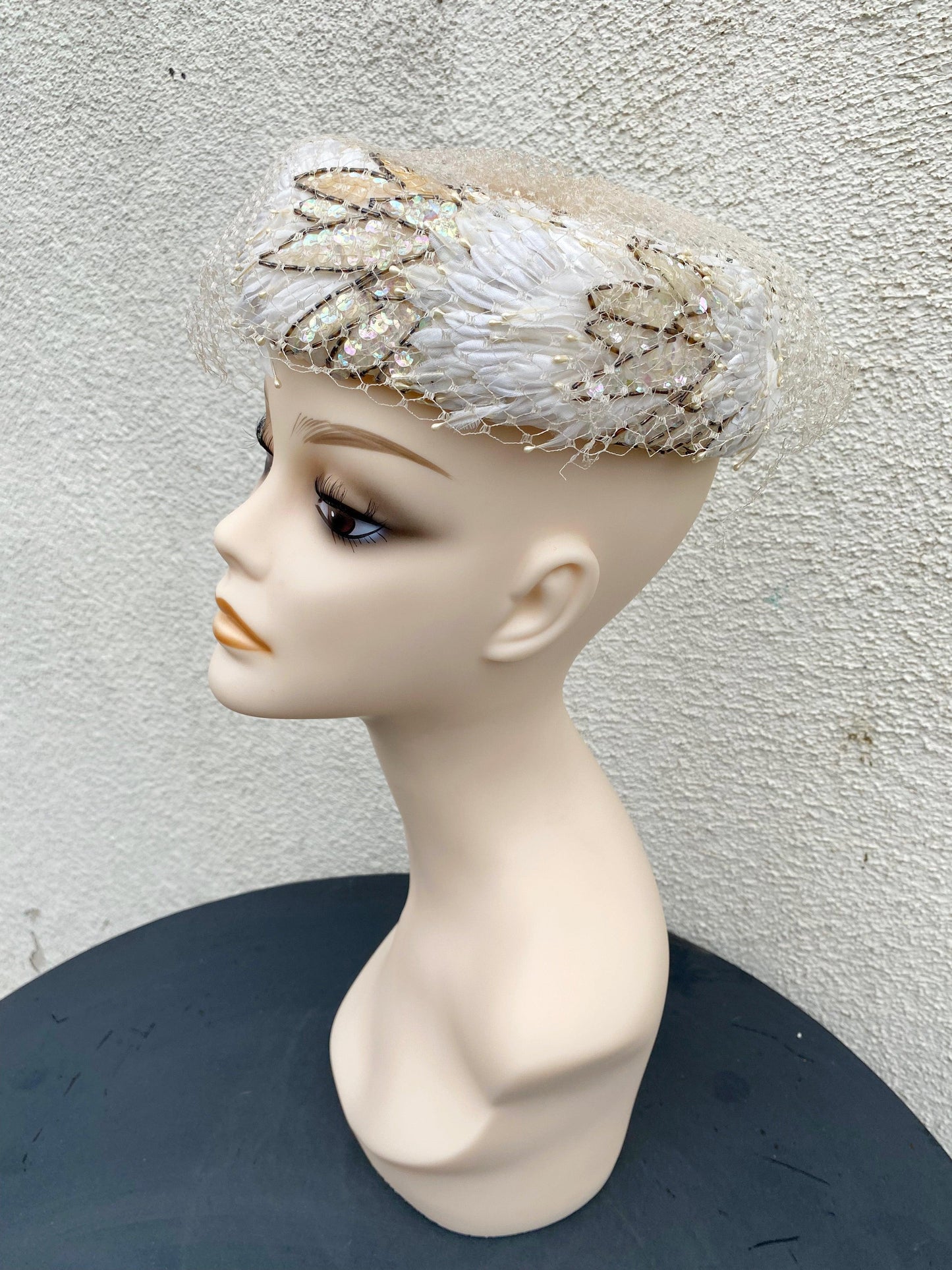 1960's Daisy Sequin Beaded Cream Pillbox Hat With Netting - A Walk Thru Time Vintage