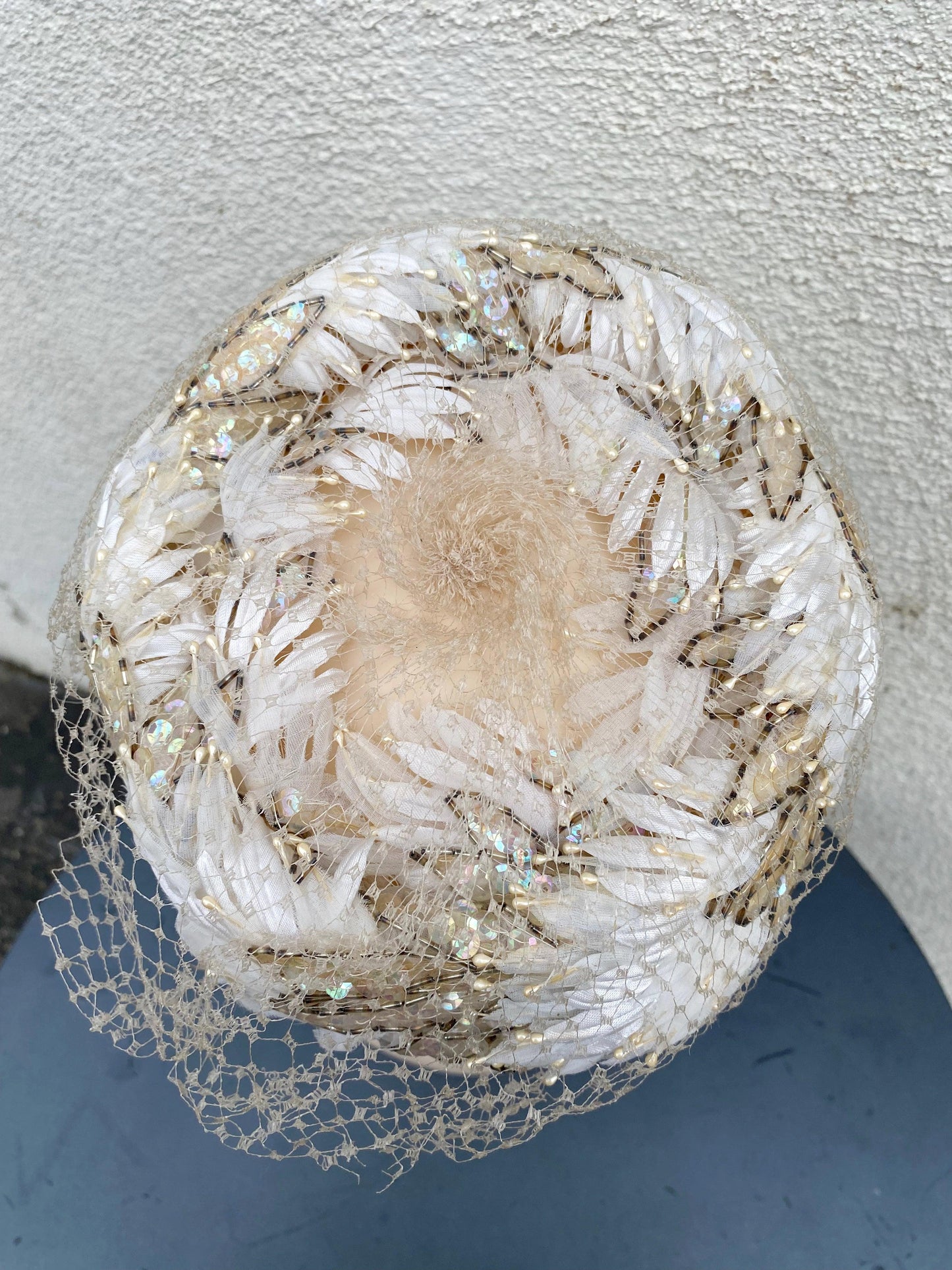 1960's Daisy Sequin Beaded Cream Pillbox Hat With Netting - A Walk Thru Time Vintage