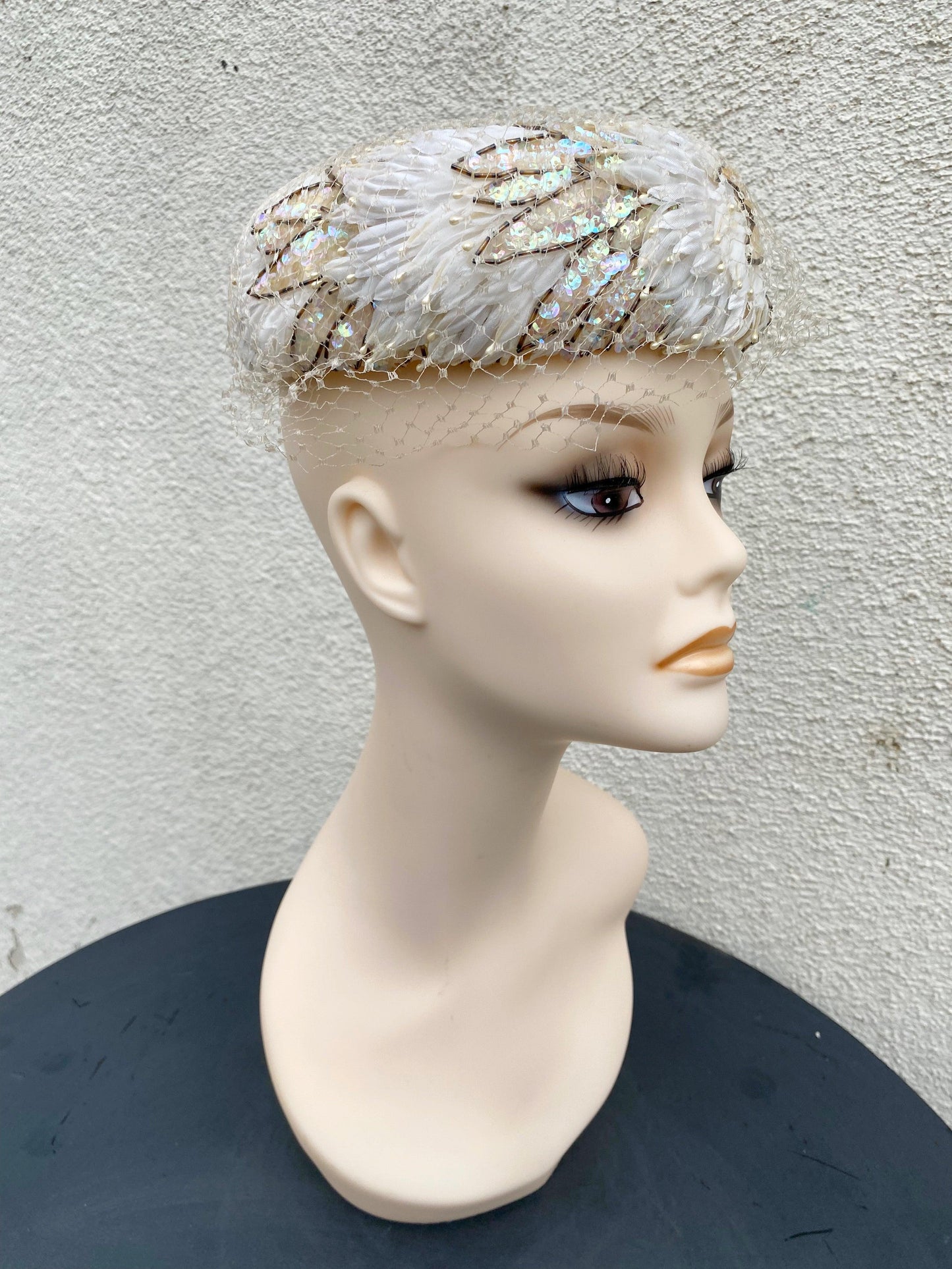 1960's Daisy Sequin Beaded Cream Pillbox Hat With Netting - A Walk Thru Time Vintage