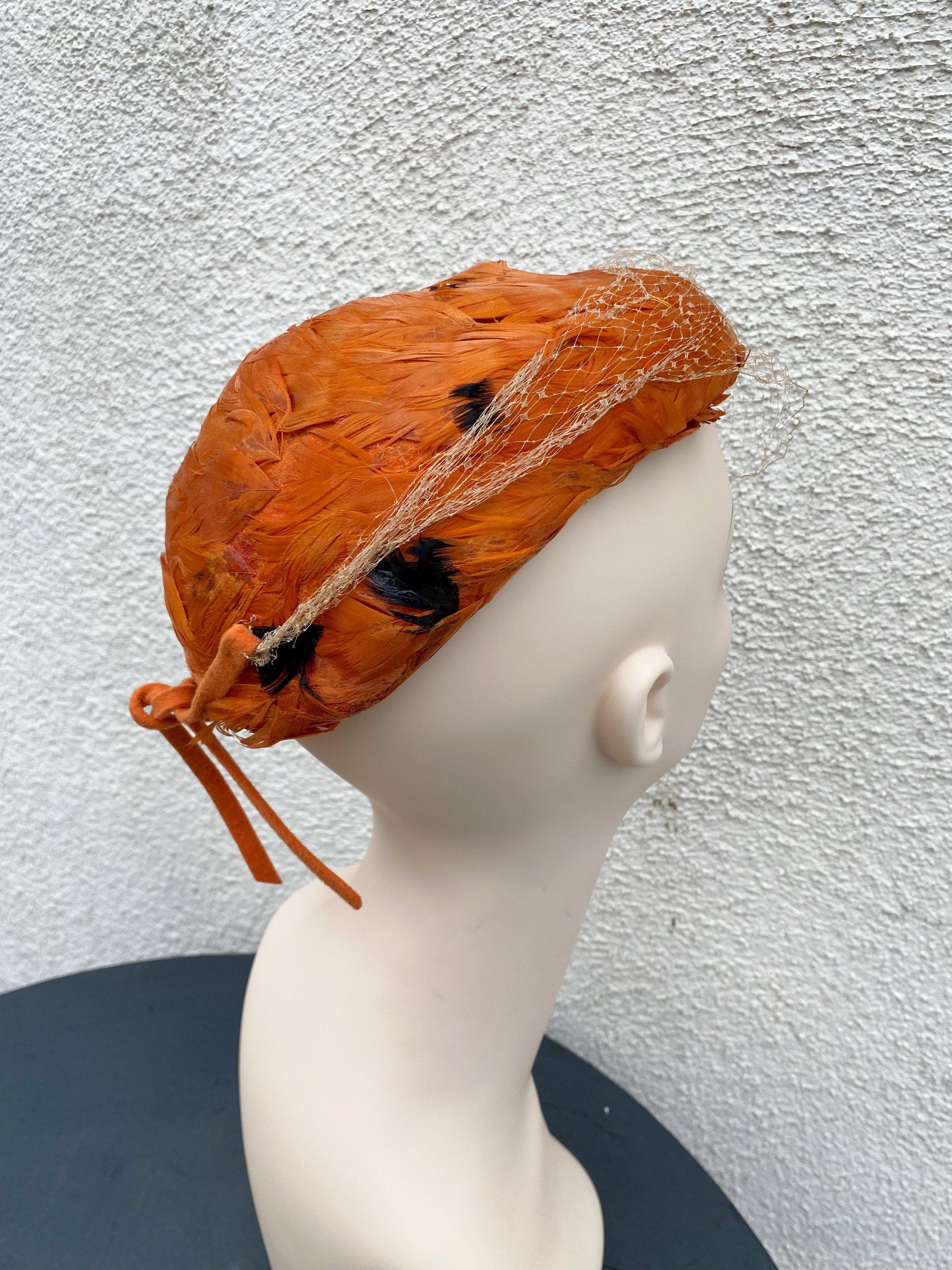 Vintage Bright Orange Feather Hat with Netting & a Rhinestone Broach - A Walk Thru Time Vintage