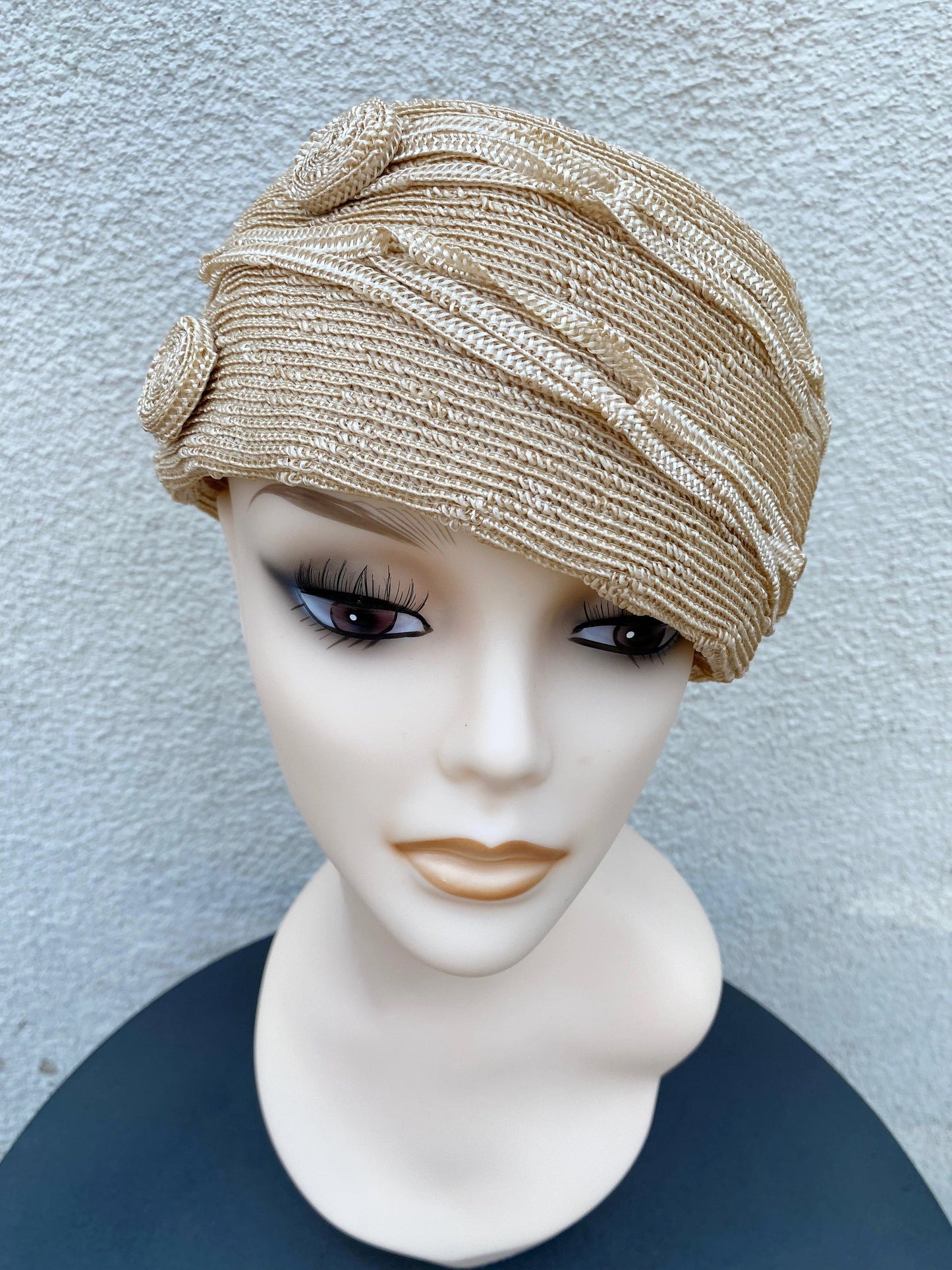 1920's Beige Straw Cloche Hat with Woven Circles - A Walk Thru Time Vintage