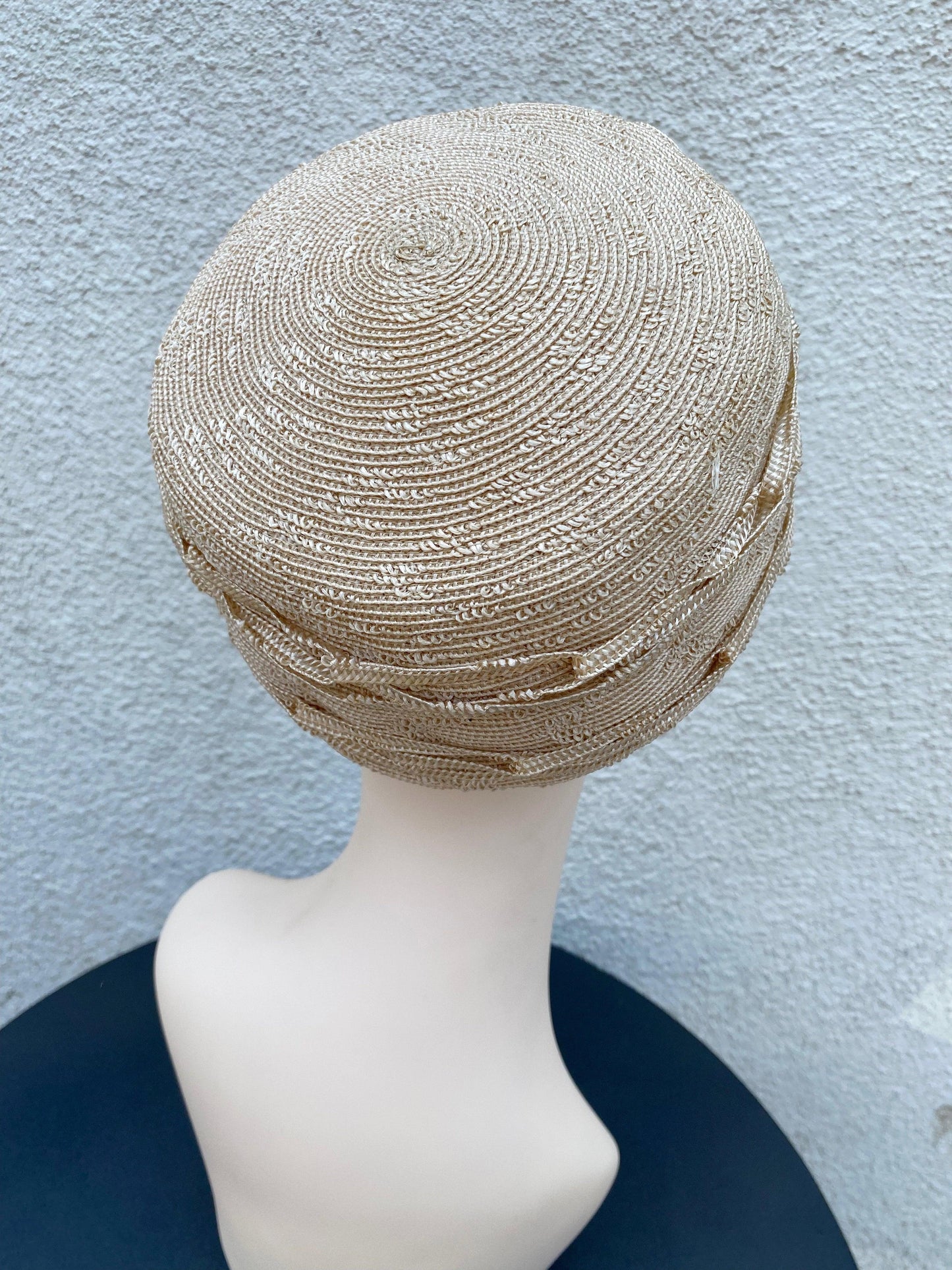 1920's Beige Straw Cloche Hat with Woven Circles - A Walk Thru Time Vintage