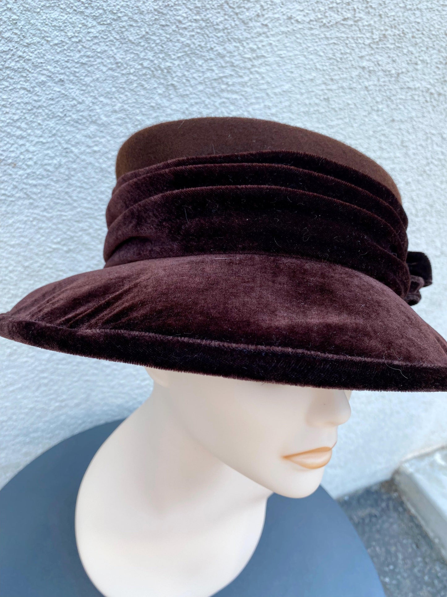 1960's Chocolate Brown Wool Big Velvet Hat - A Walk Thru Time Vintage