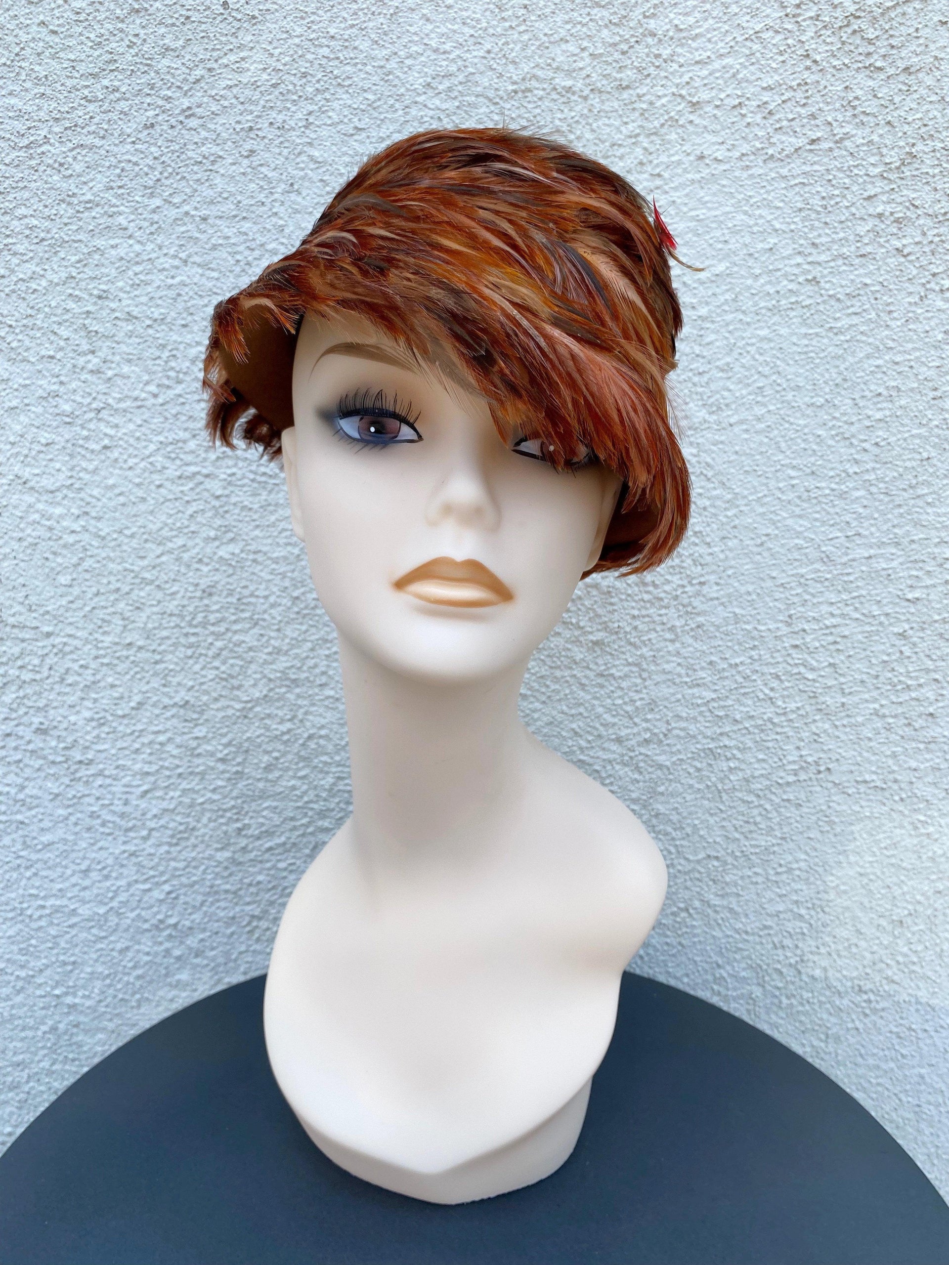 1960's Tall Pillbox Brown Feathered Hat