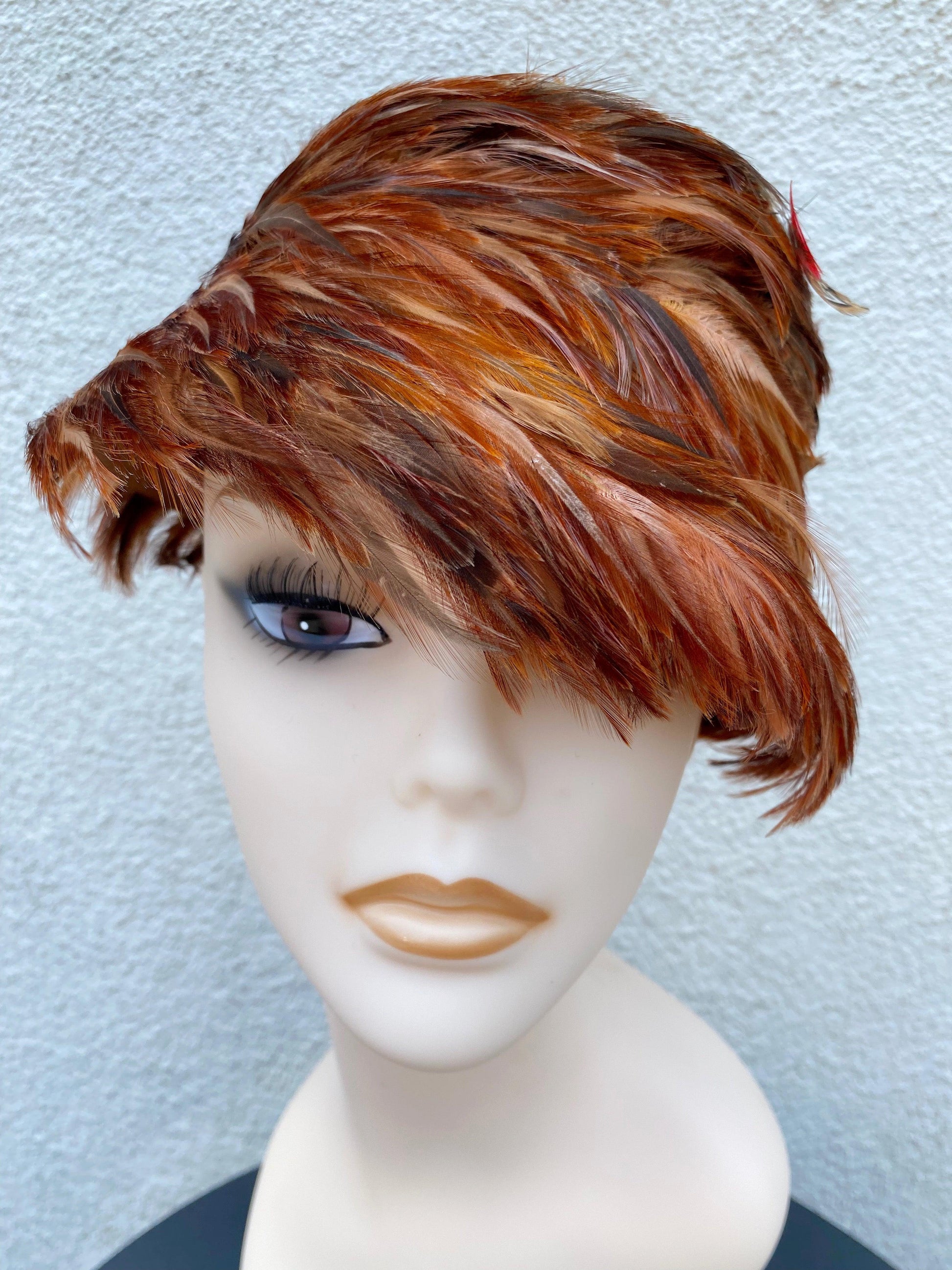 1960's Tall Pillbox Brown Feathered Hat - A Walk Thru Time Vintage