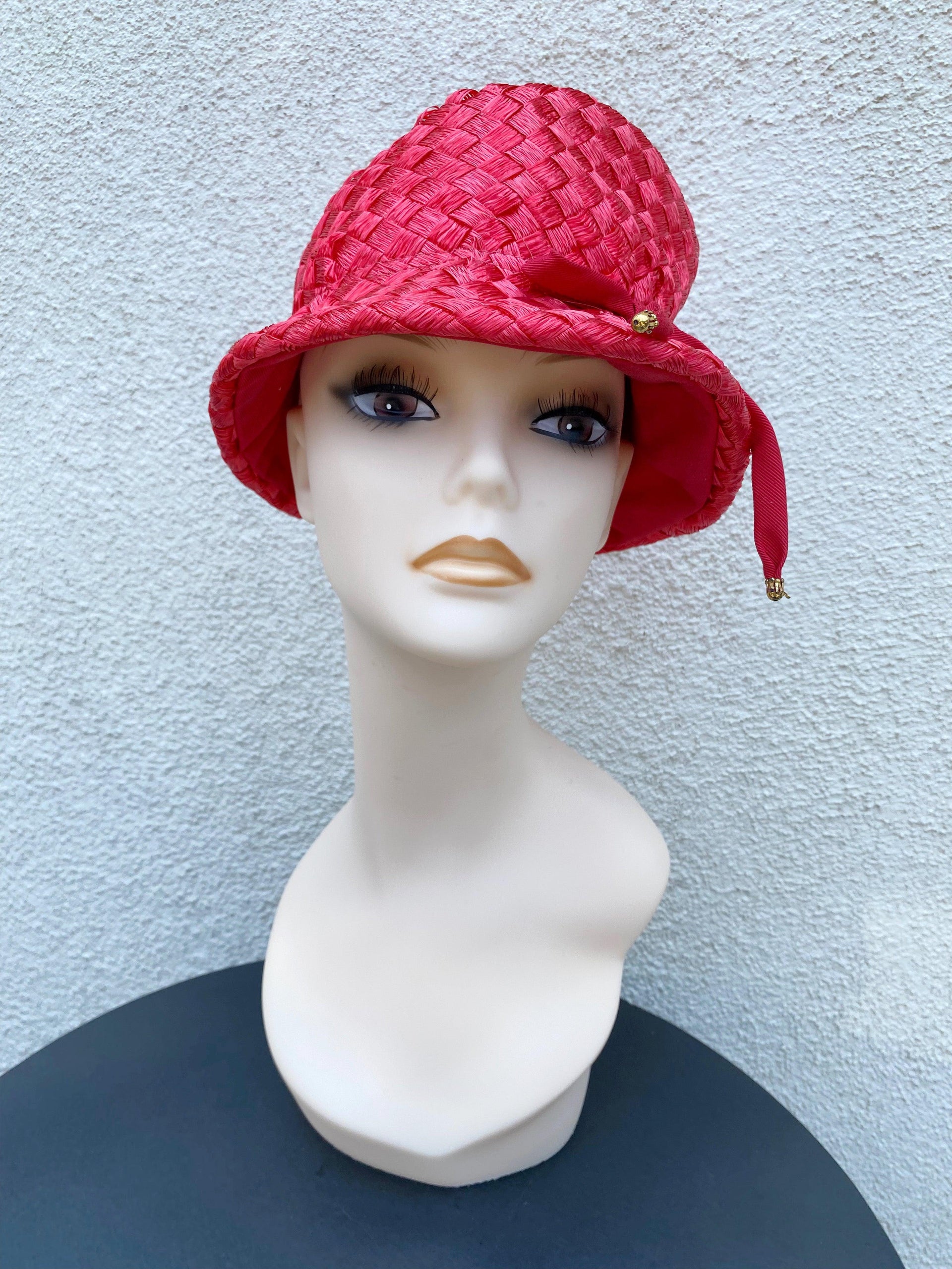 1950's 1960's Woven Red Straw Bucket Hat With Bow