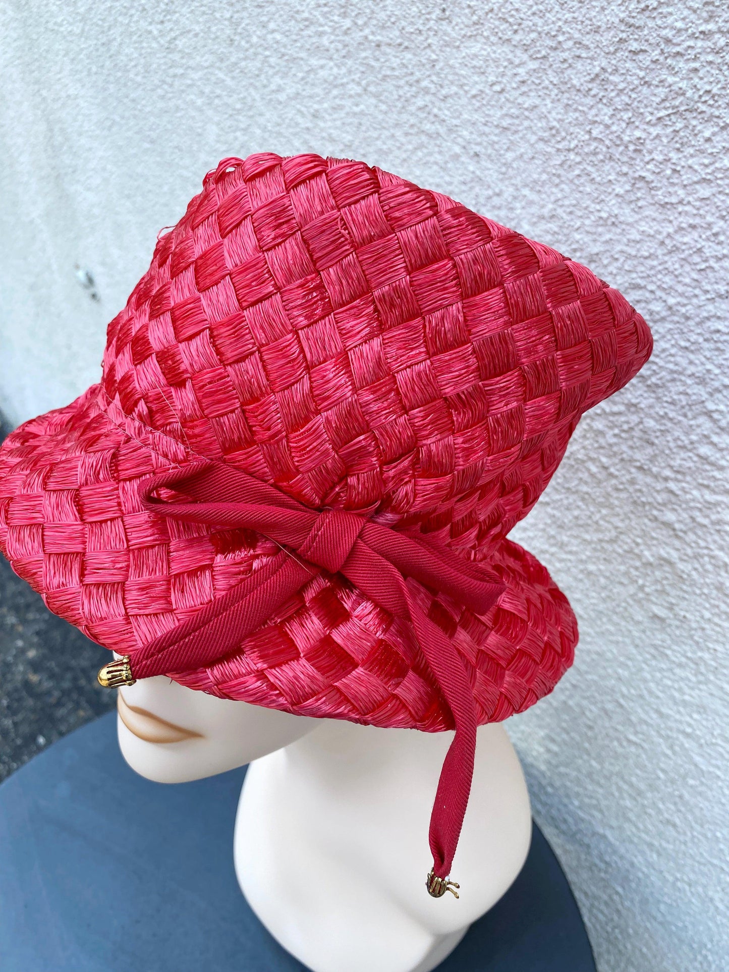 1950's 1960's Woven Red Straw Bucket Hat With Bow - A Walk Thru Time Vintage