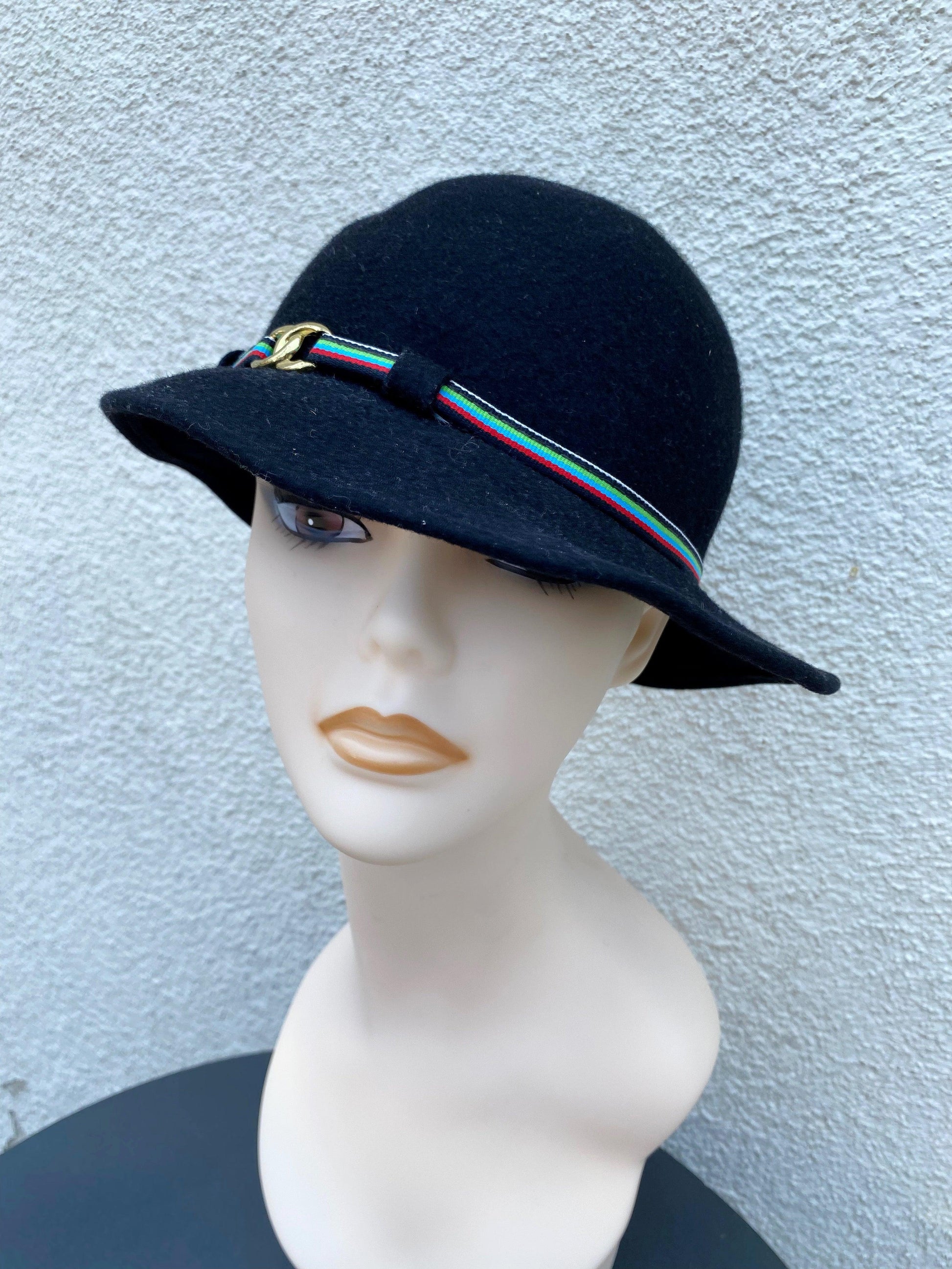1960's Black Wool Striped Band Sun Hat - A Walk Thru Time Vintage