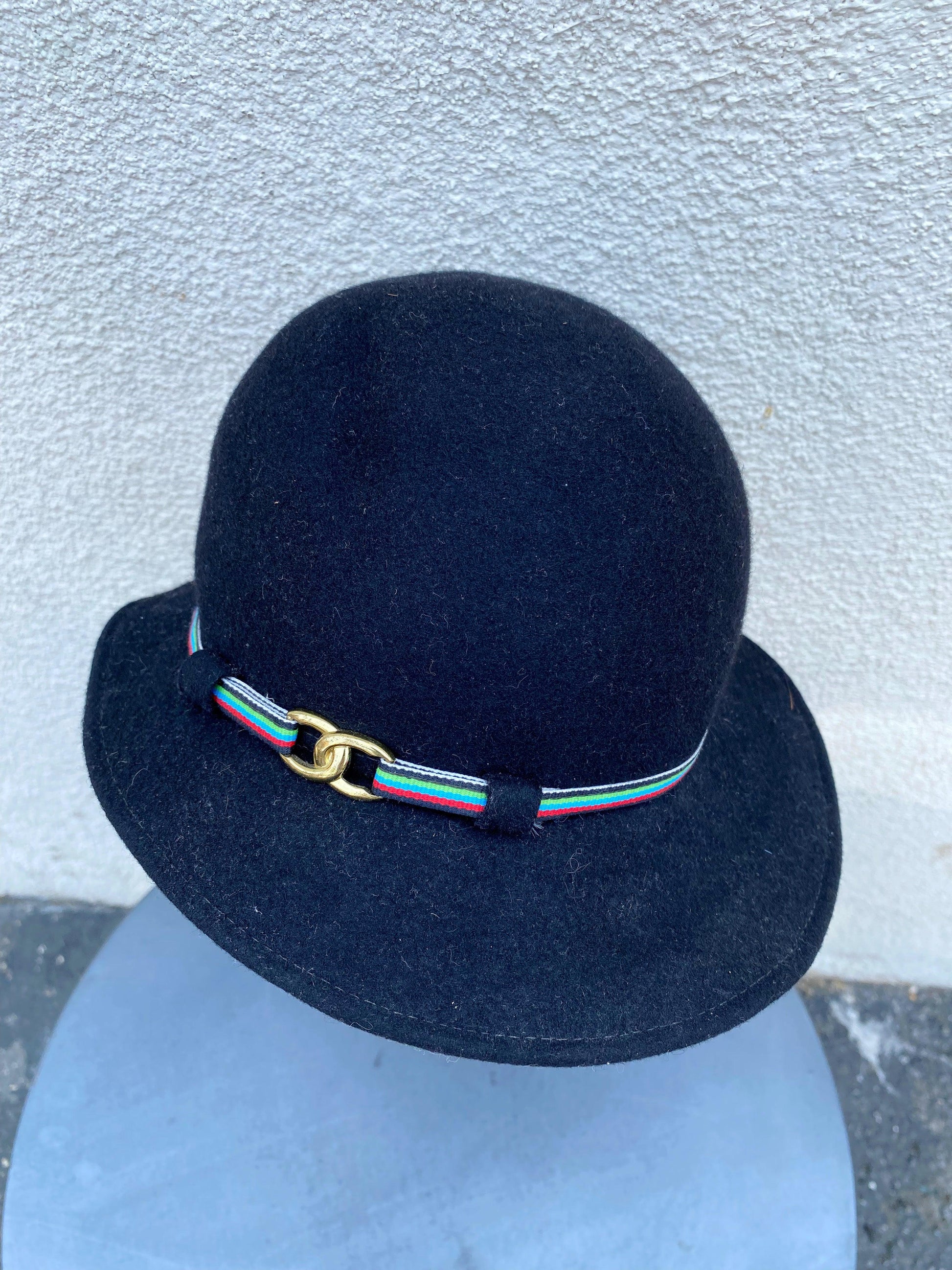 1960's Black Wool Striped Band Sun Hat - A Walk Thru Time Vintage