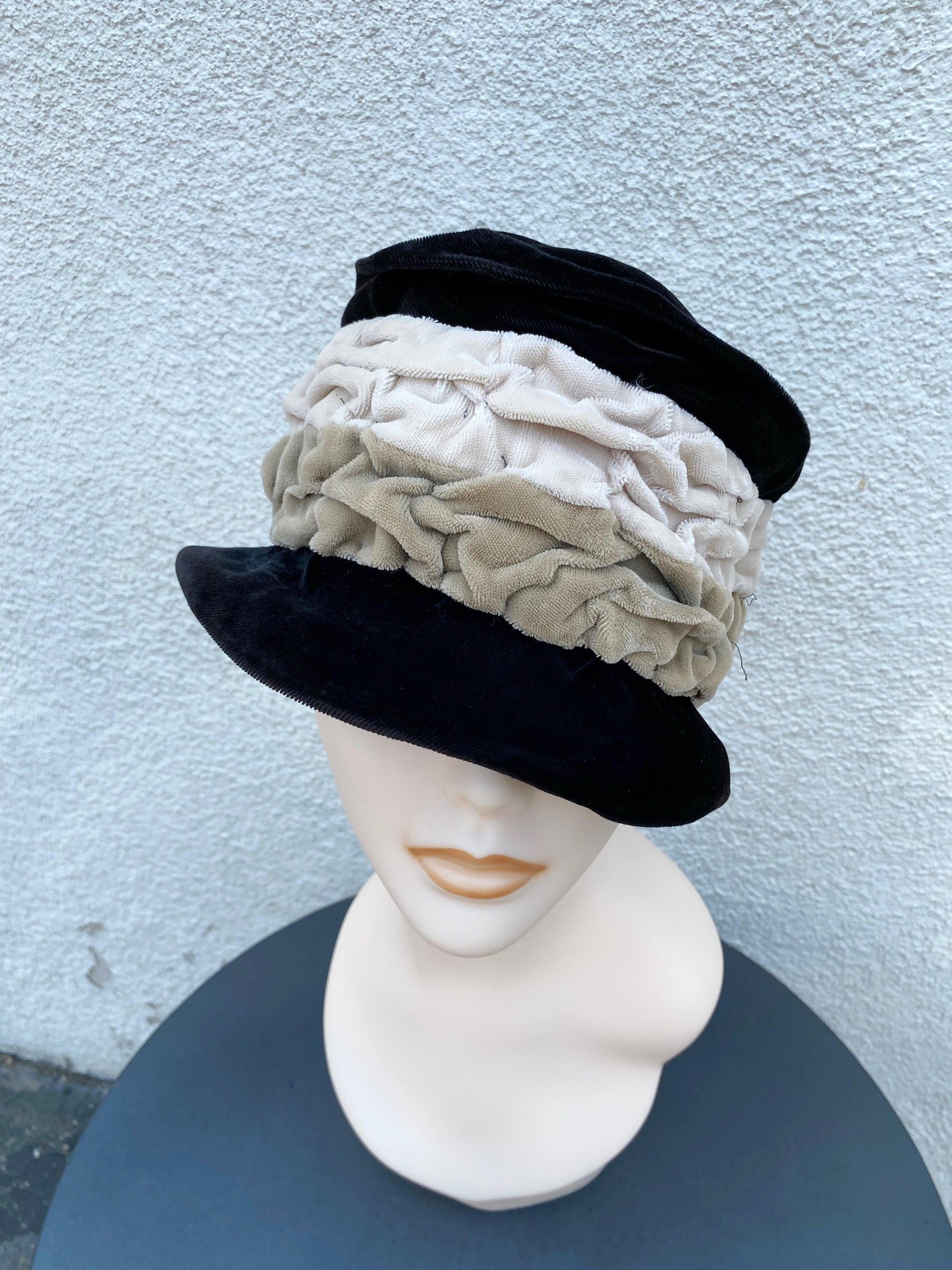 1920's-1960's Black & Taupe Velvet Hat - A Walk Thru Time Vintage