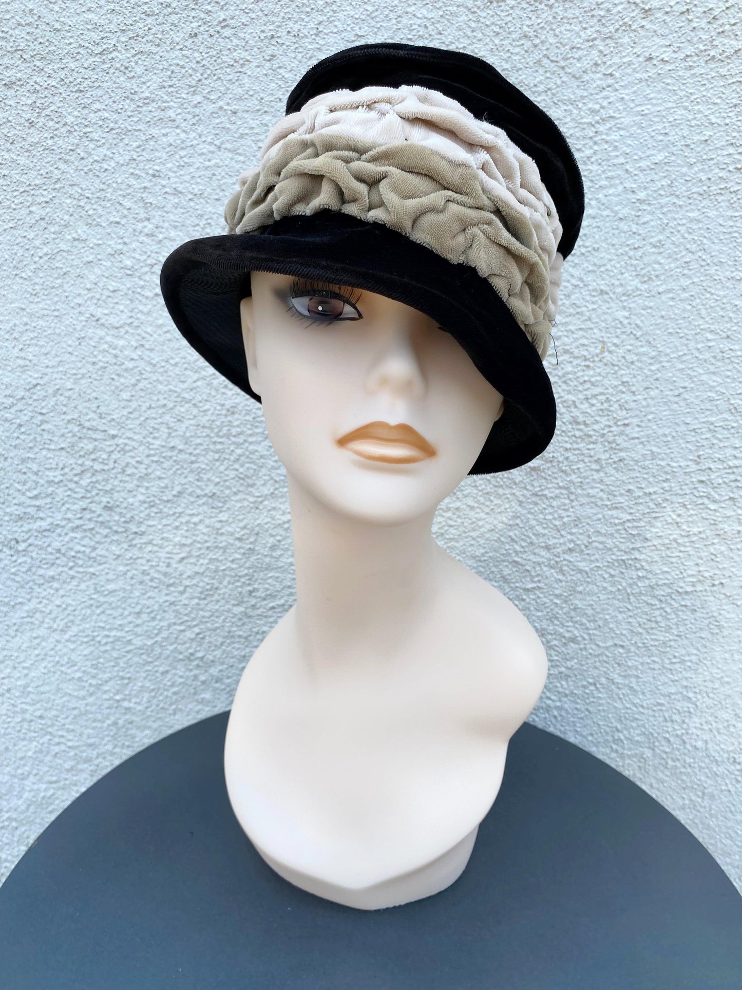 1920's-1960's Black & Taupe Velvet Hat - A Walk Thru Time Vintage