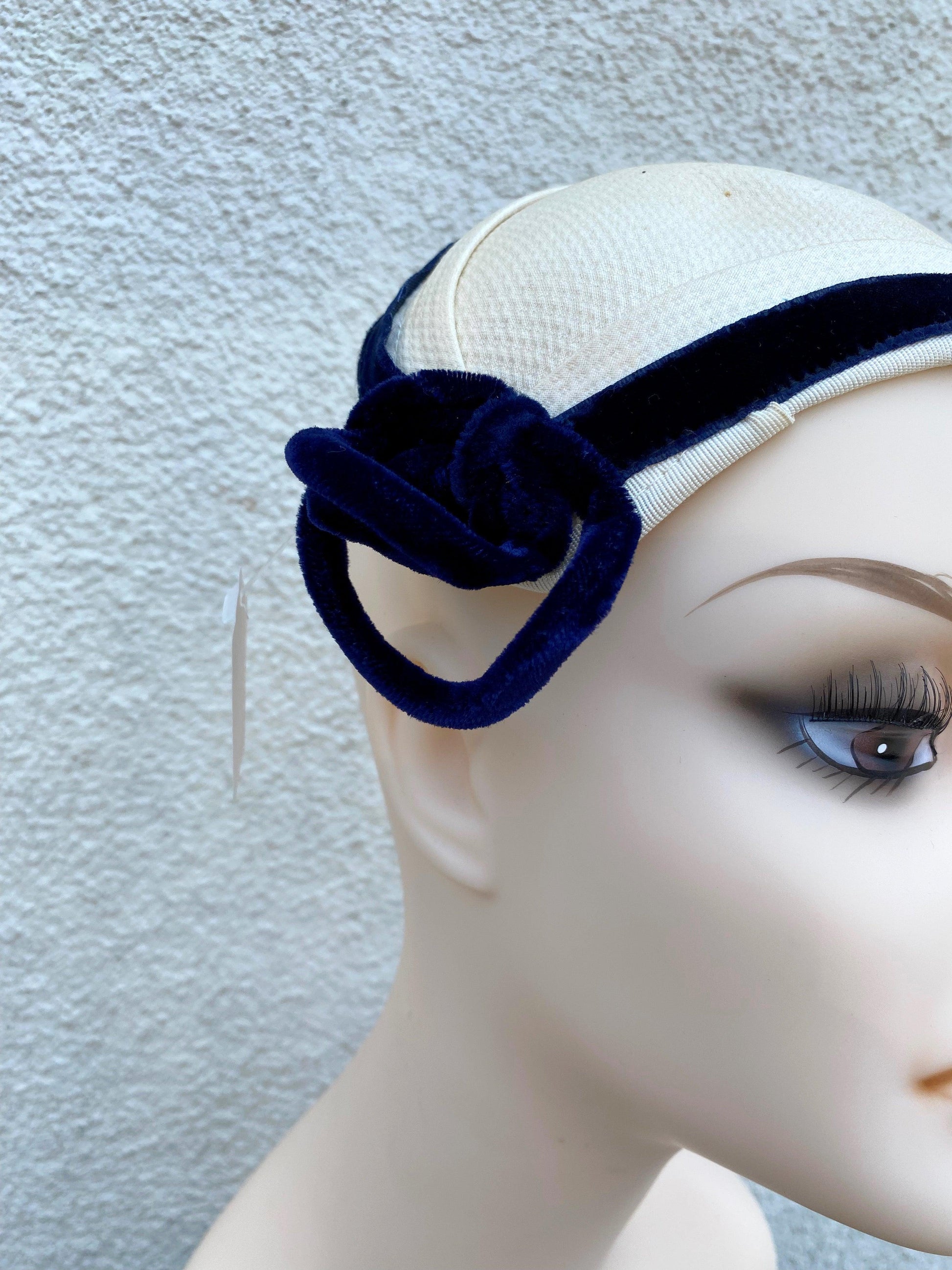 1950's White Pique Hat With Navy Blue Velvet Trim - A Walk Thru Time Vintage