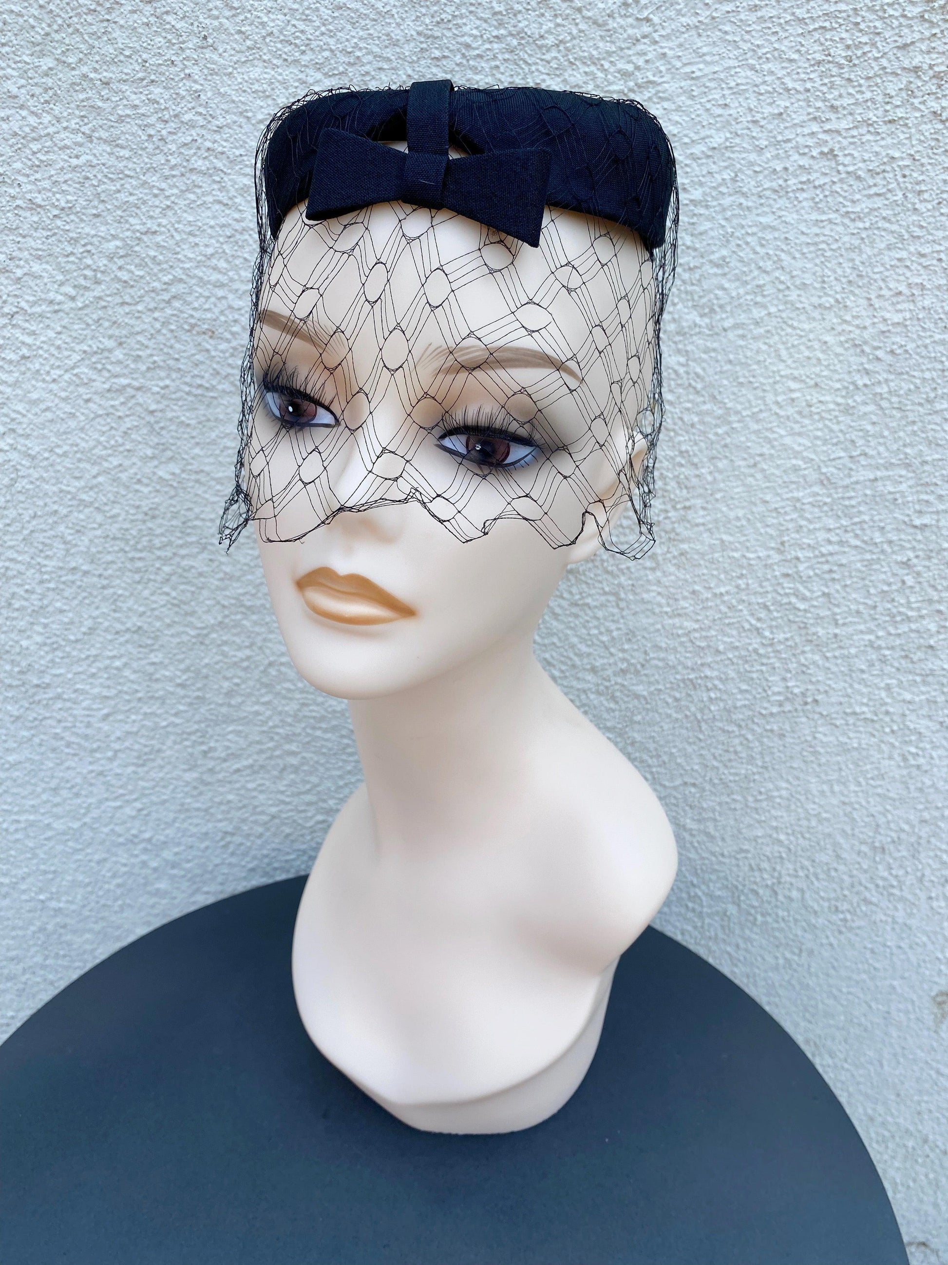 1940's 1950's Crepe Circle Pillbox Hat with Netting - A Walk Thru Time Vintage