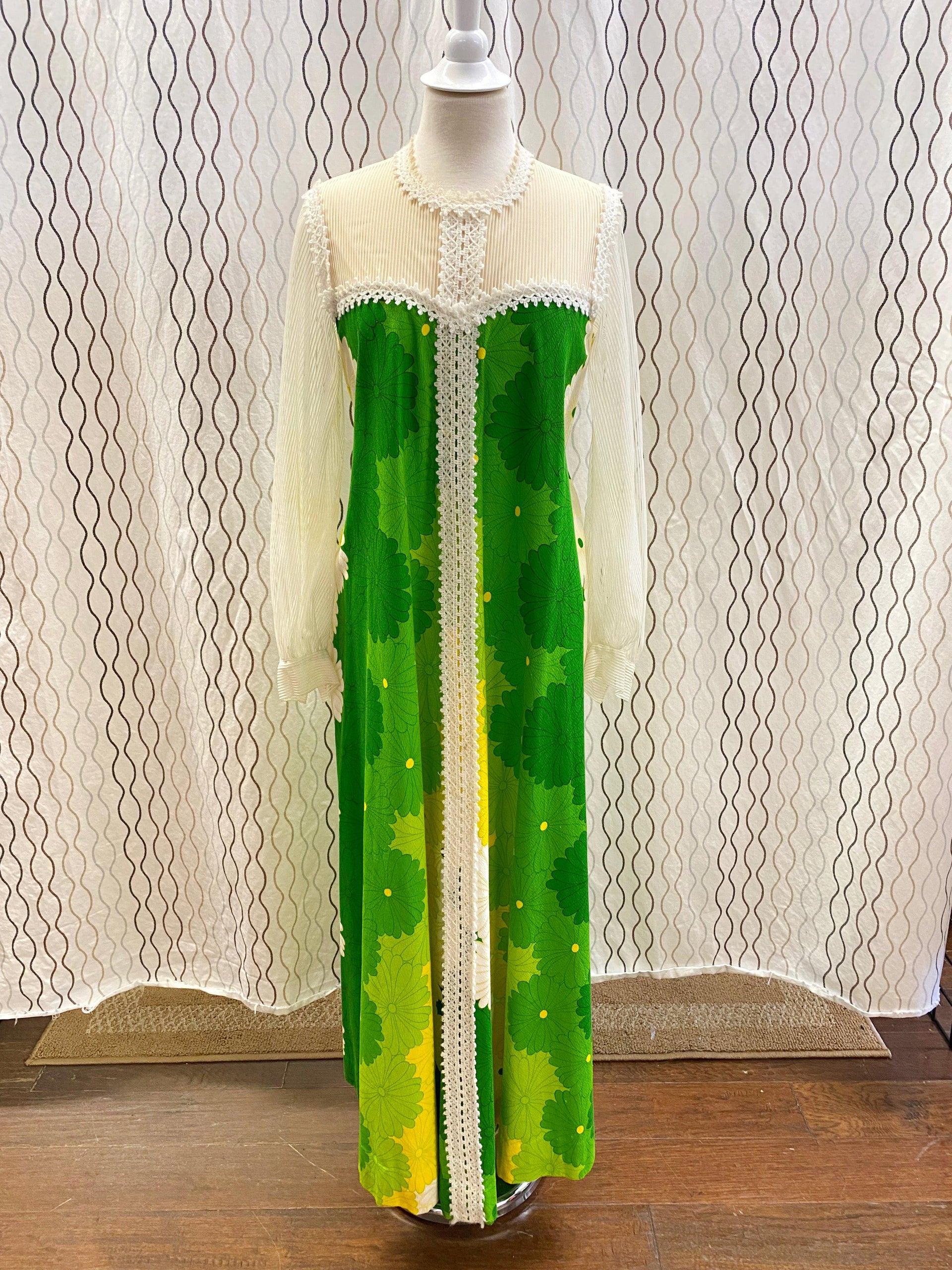 1960's Green, Yellow & White Hawaiian Floral Maxi Dress