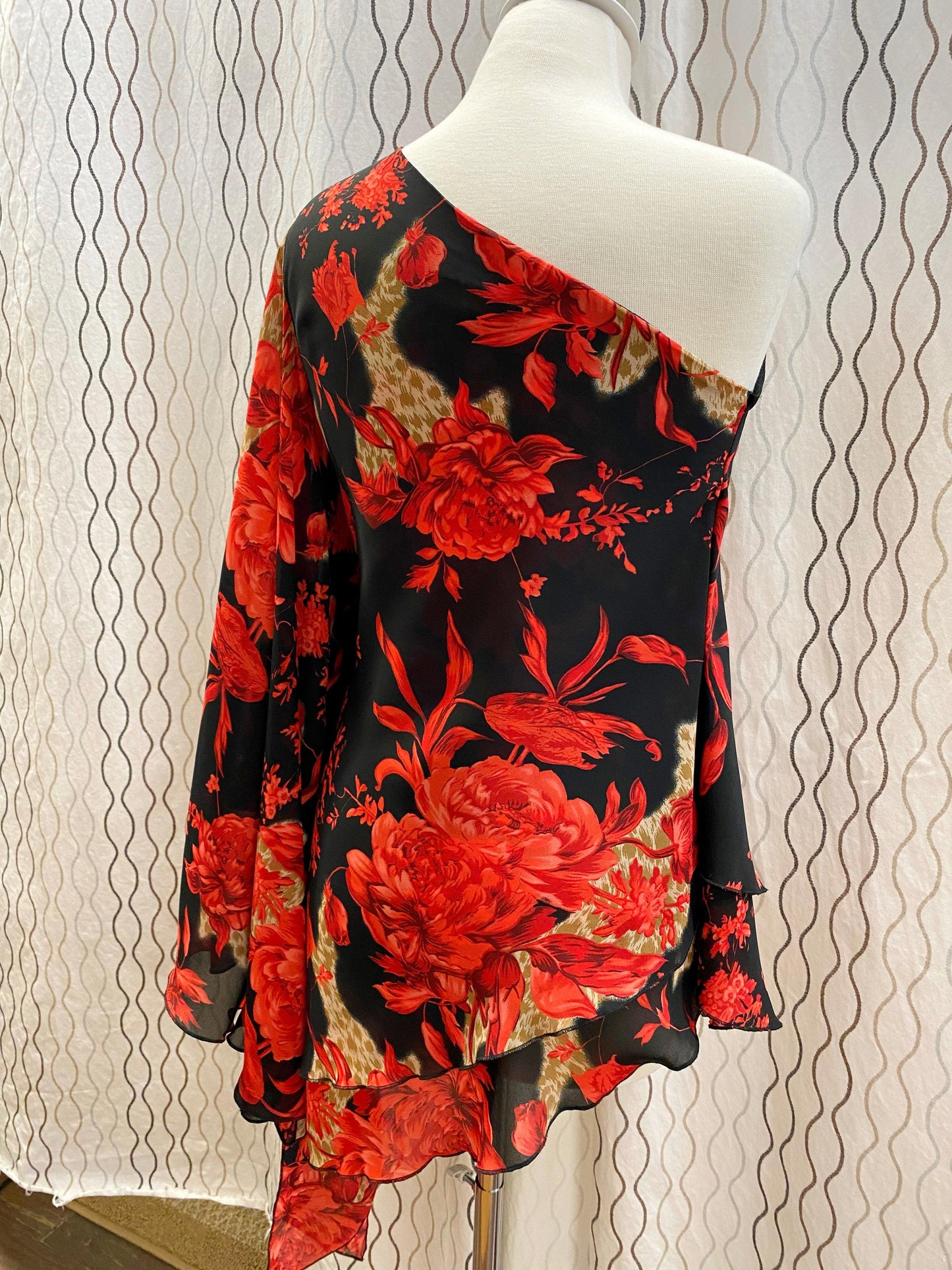 1990's Black and Red Floral Salsa One Shoulder Dress - A Walk Thru Time Vintage