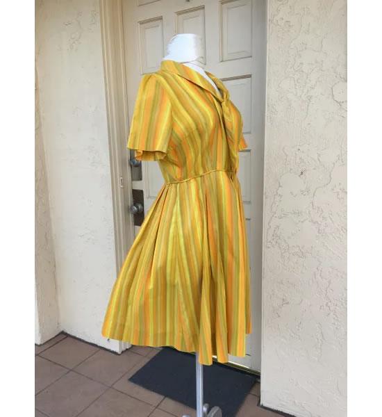 Vintage 1950s Orange & Green Stripe Short Sleeve Nylon Dress - A Walk Thru Time Vintage