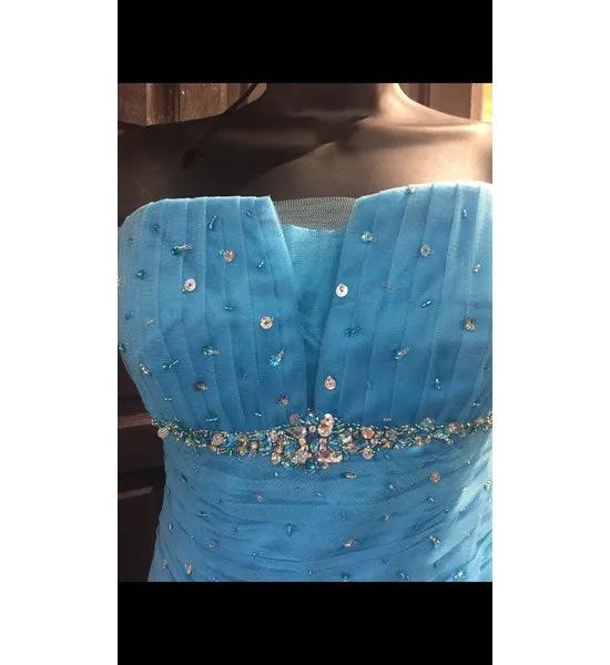 Turquoise Net Strapless Prom Party Evening Gown with Rhinestones and Sequins - A Walk Thru Time Vintage