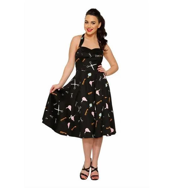 Black Beauty Salon Print Halter Swing Dress - A Walk Thru Time Vintage