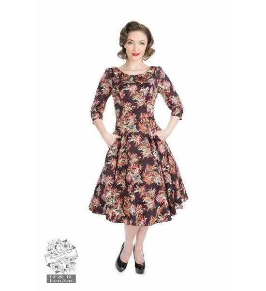 Eulalia Palm Floral Swing Dress With Sleeves - A Walk Thru Time Vintage