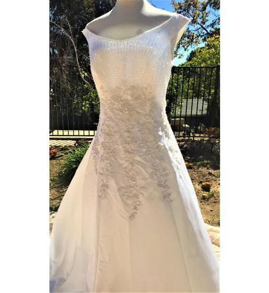 1960 Princess style White Satin Wedding Gown with Pearls and Beaded detailing and Train. - A Walk Thru Time Vintage