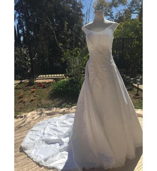 1960 Princess style White Satin Wedding Gown with Pearls and Beaded detailing and Train. - A Walk Thru Time Vintage