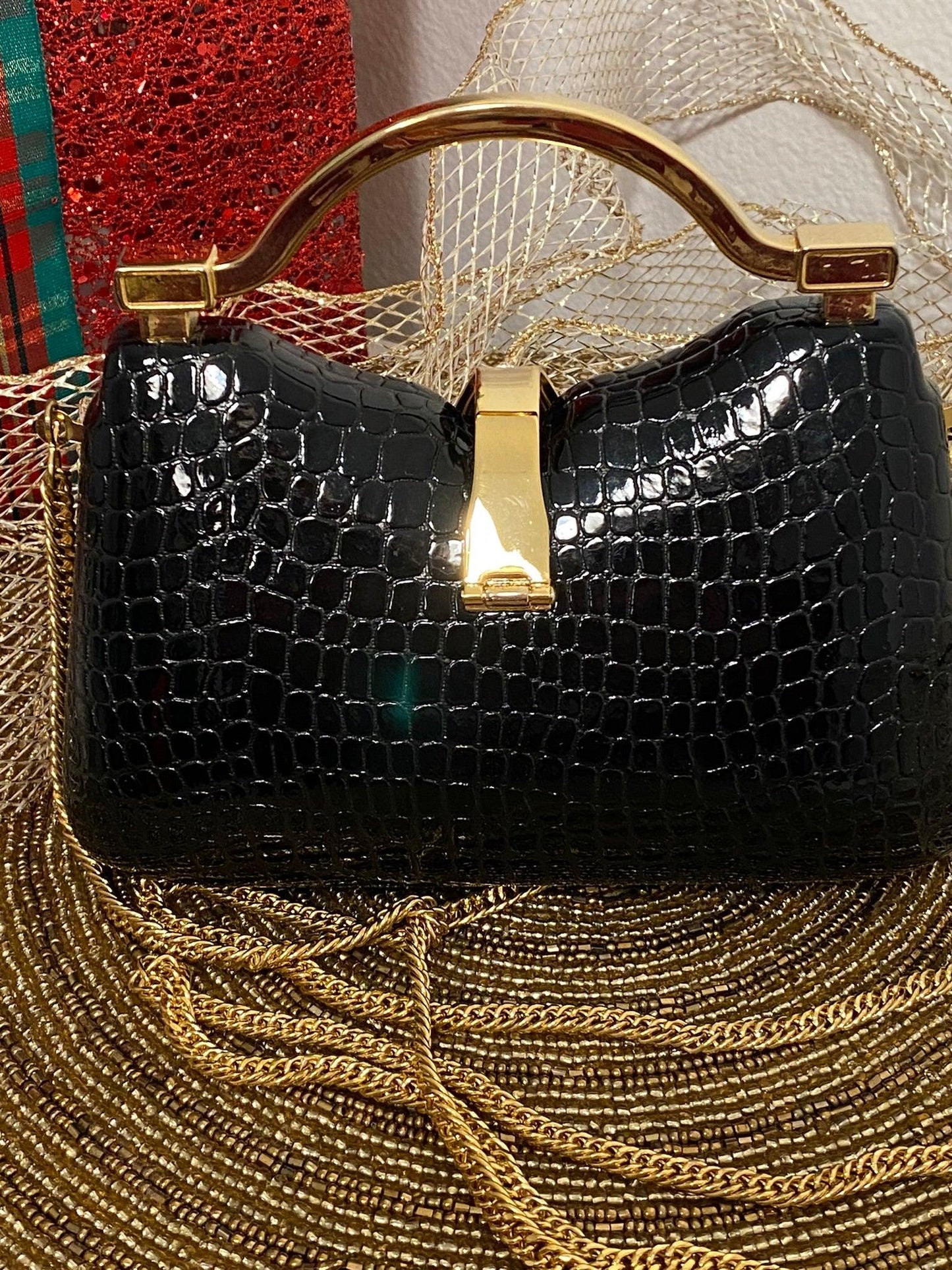 Black Alligator Evening Bag with Rhinestone Clasp and hidden chain. - A Walk Thru Time Vintage