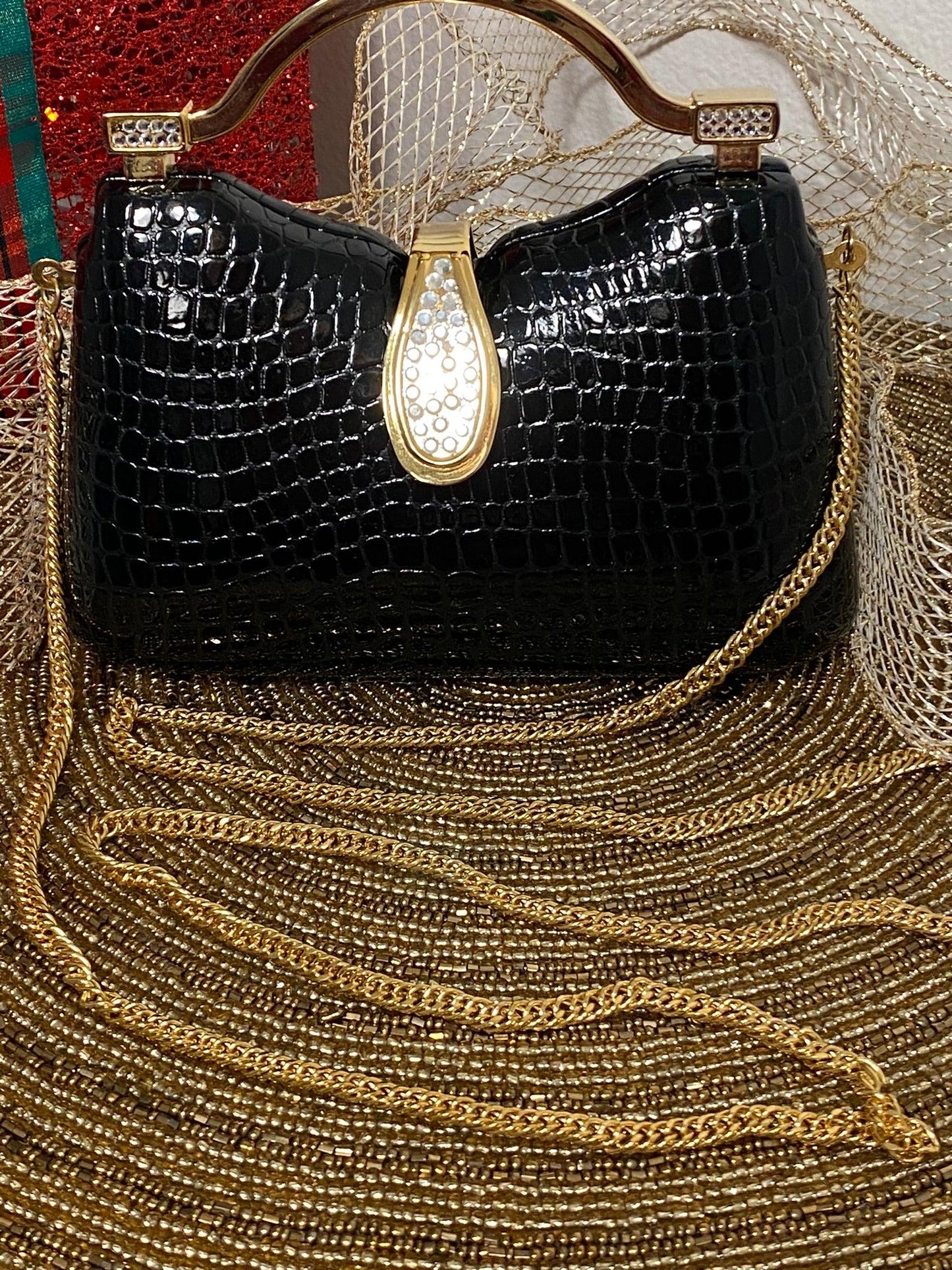 Black Alligator Evening Bag with Rhinestone Clasp and hidden chain. - A Walk Thru Time Vintage