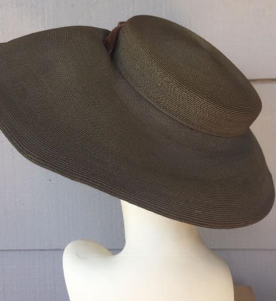 1930s Brown Woven Straw "Tilt" Hat with Brown Velvet Ribbon Trim - A Walk Thru Time Vintage