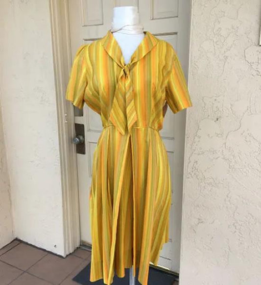 Vintage 1950s Orange & Green Stripe Short Sleeve Nylon Dress - A Walk Thru Time Vintage