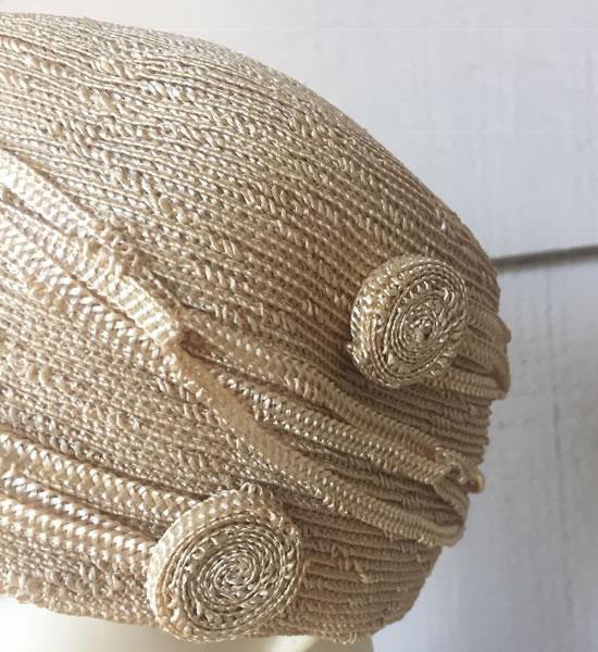 1920 Biege Straw Cloche with woven circles - A Walk Thru Time Vintage