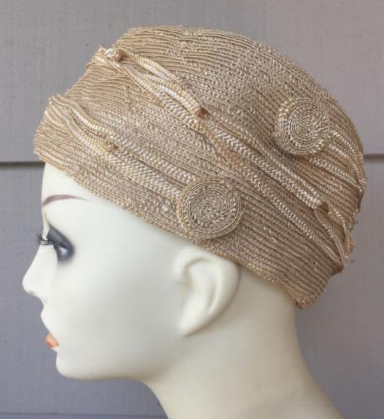 1920 Biege Straw Cloche with woven circles - A Walk Thru Time Vintage