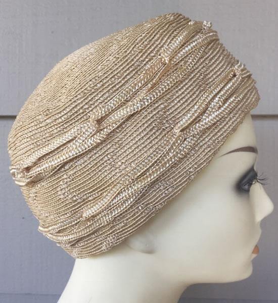 1920 Biege Straw Cloche with woven circles - A Walk Thru Time Vintage